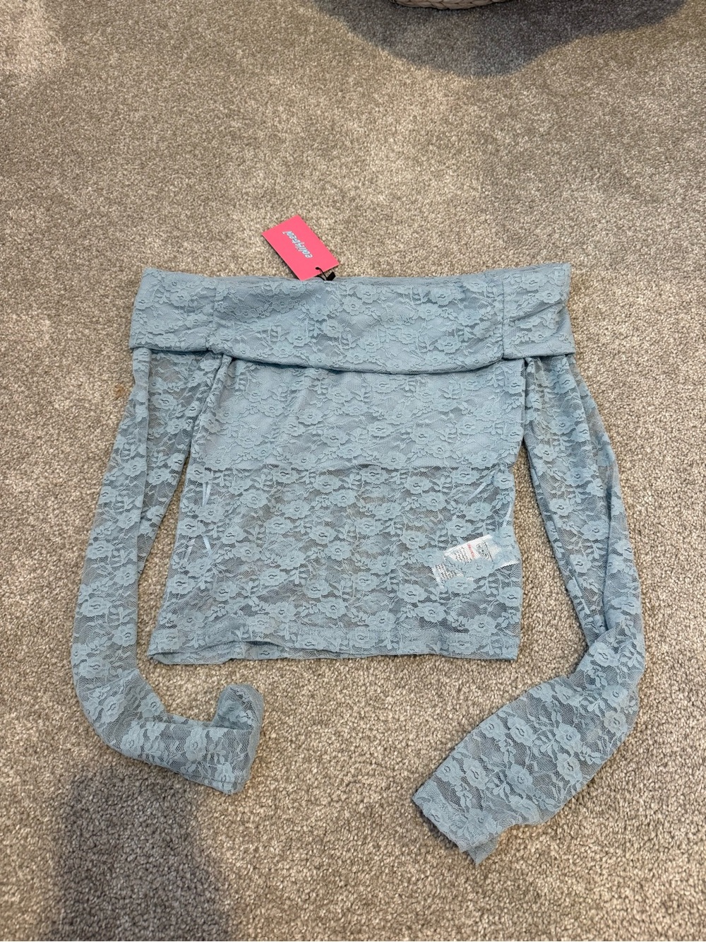 Edikted Light Blue Lace Off-Shoulder Long Sleeve Top